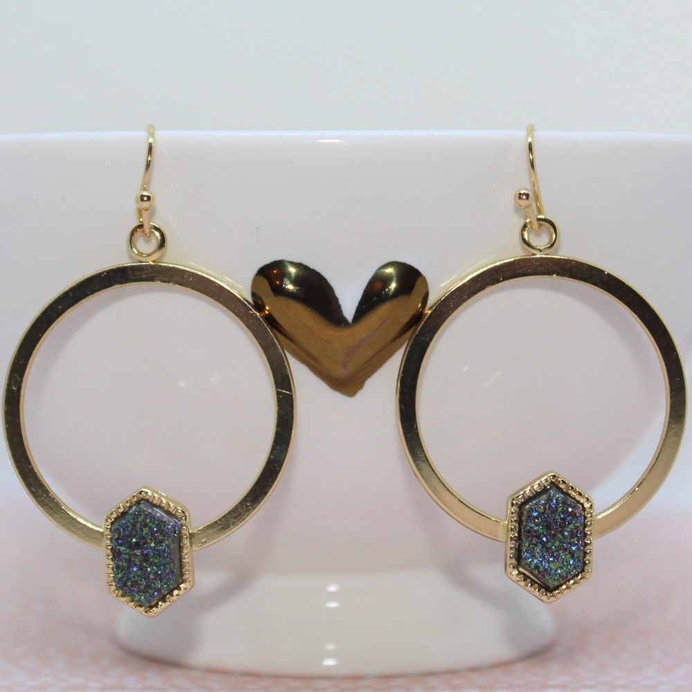 Green Purple Rainbow Druzy Hoop Earrings